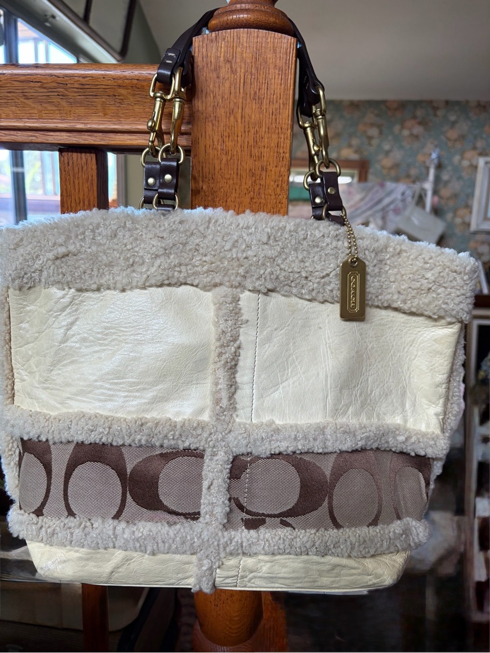 Coach Cream Shearling & Brown Signature Canvas Tote